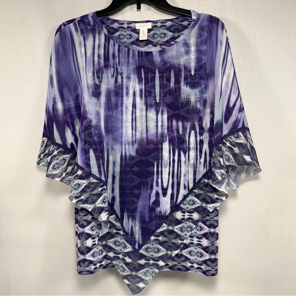 Boho Layered Chico's Purple Ikat Flutter Sleeve Poncho Tank Top Set Size 1 Mediu - Picture 2 of 9